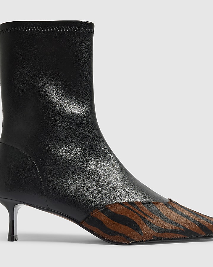Black Faux Leather Animal Print Ankle Boots