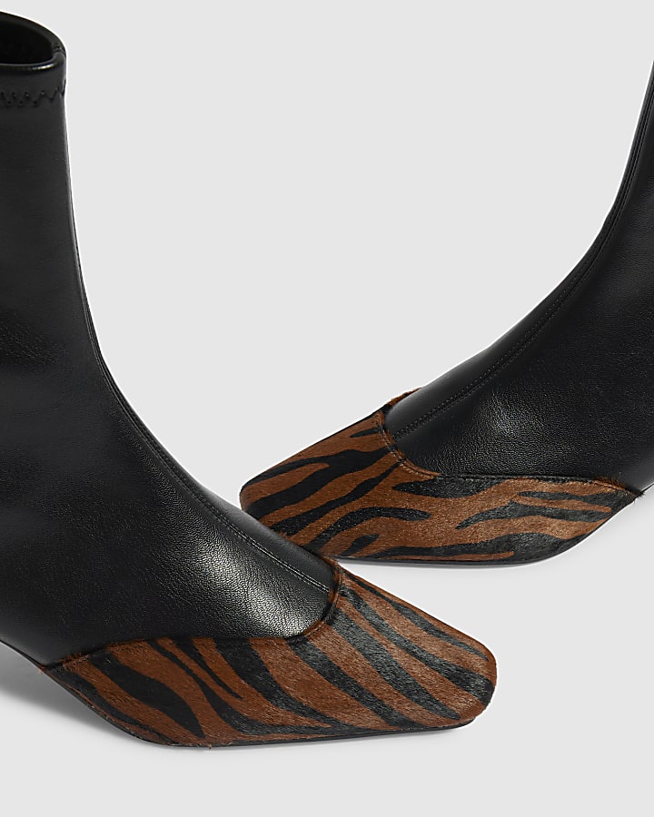 Black Faux Leather Animal Print Ankle Boots
