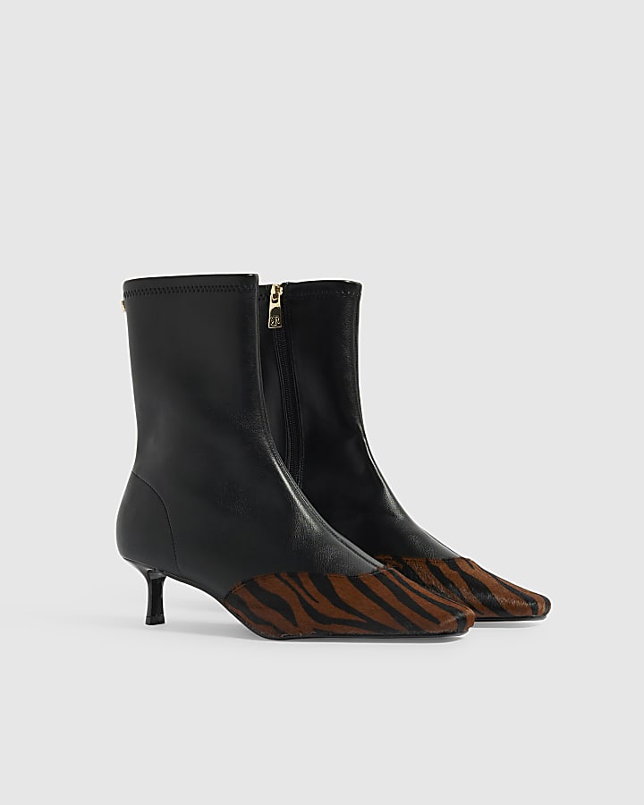 Black Faux Leather Animal Print Ankle Boots