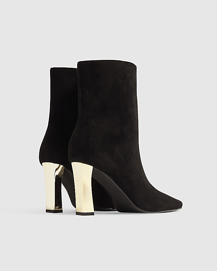 Black Faux Suede Gold Heel Stretch Boots