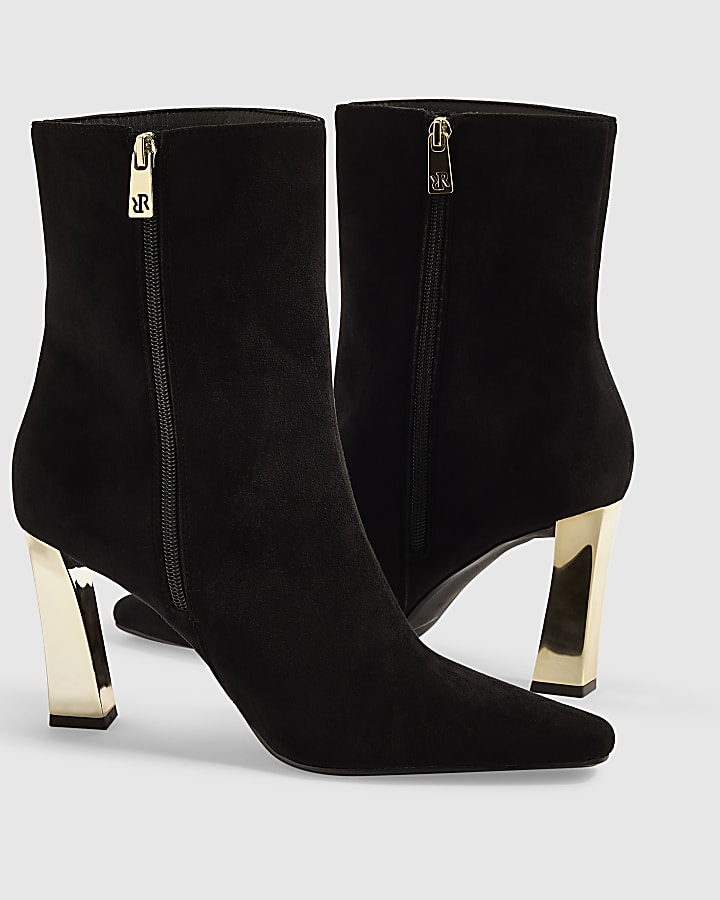 Black Faux Suede Gold Heel Stretch Boots