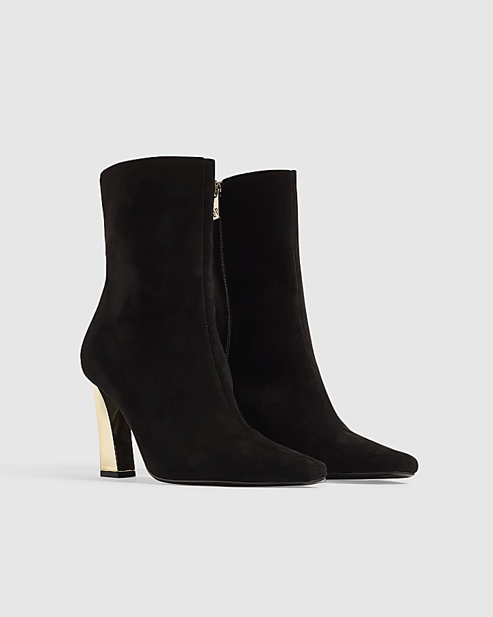 Black Faux Suede Gold Heel Stretch Boots
