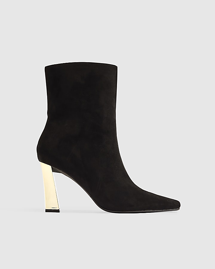 Black Faux Suede Gold Heel Stretch Boots