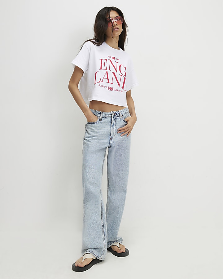 White Cotton Boxy Fit England Cropped T-Shirt
