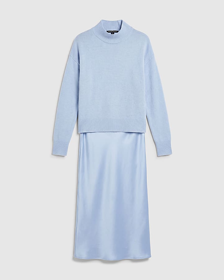 Blue Knit Satin Hybrid Jumper Dress