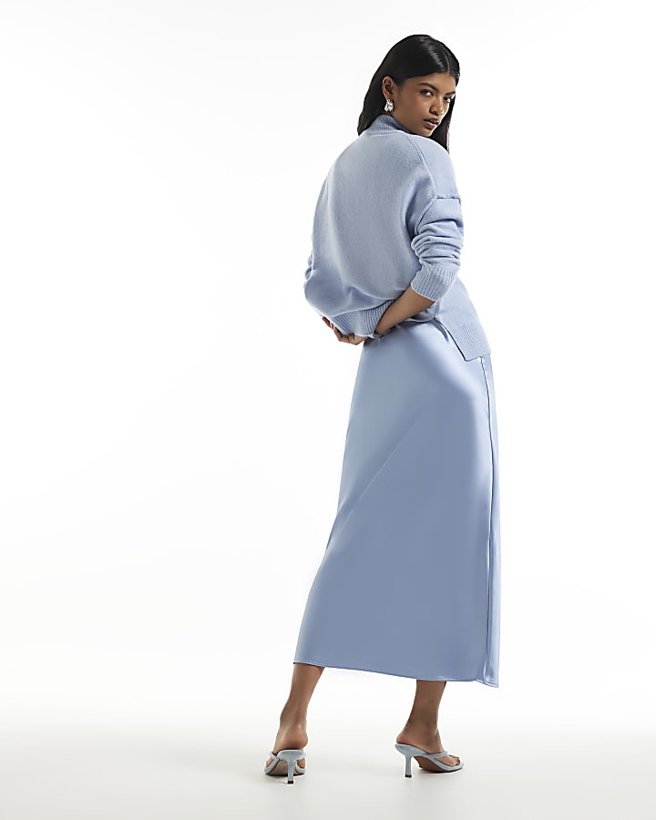 Blue Knit Satin Hybrid Jumper Dress