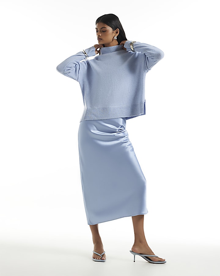 Blue Knit Satin Hybrid Jumper Dress