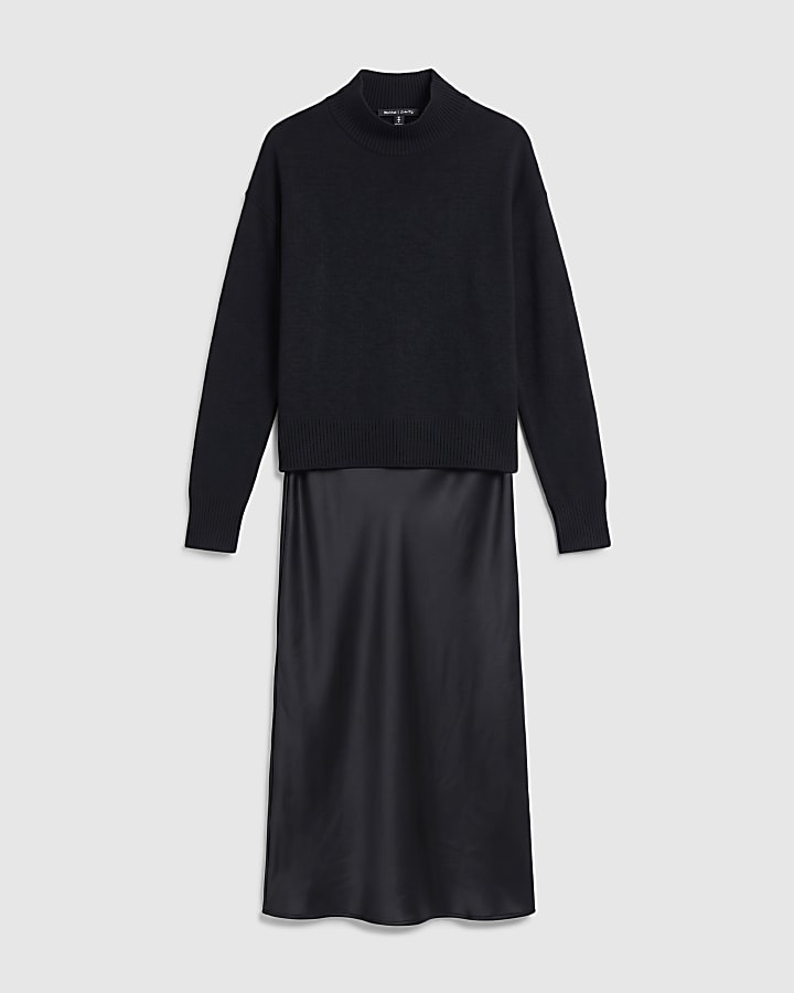 Black Knit Satin Hybrid Jumper Dress