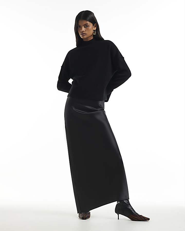 Black Knit Satin Hybrid Jumper Dress