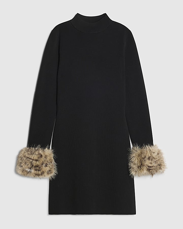 Black Rib Faux Fur Hem And Cuff Mini Dress