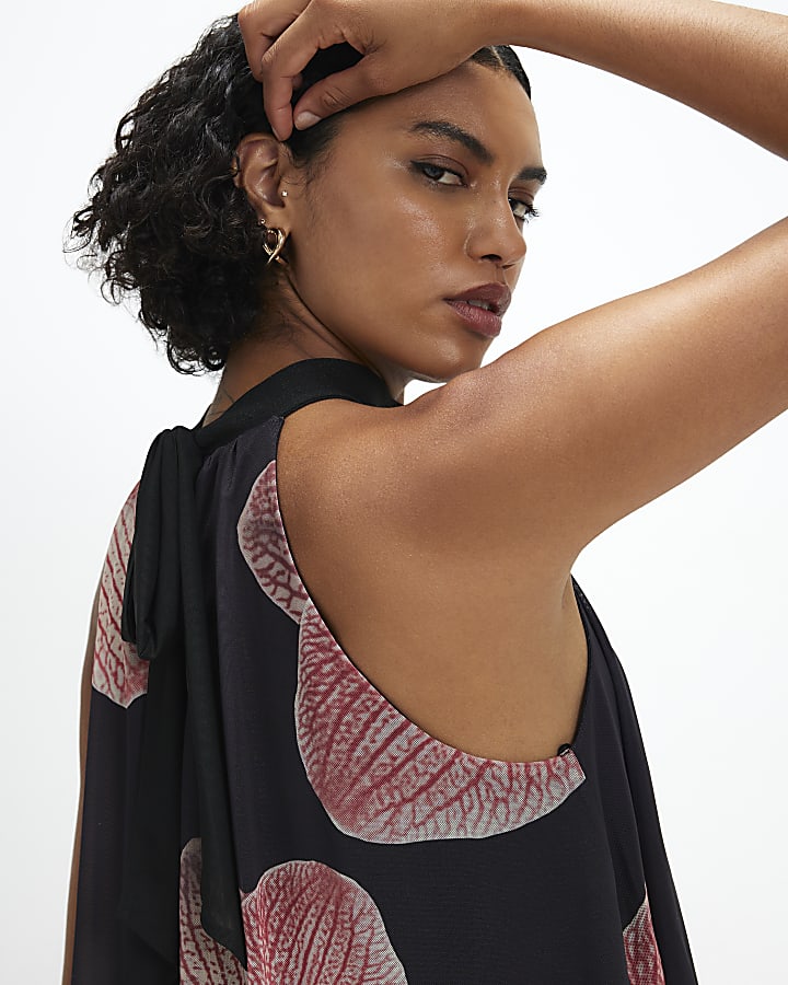 Black Halter Neck Floral Print Mesh Top