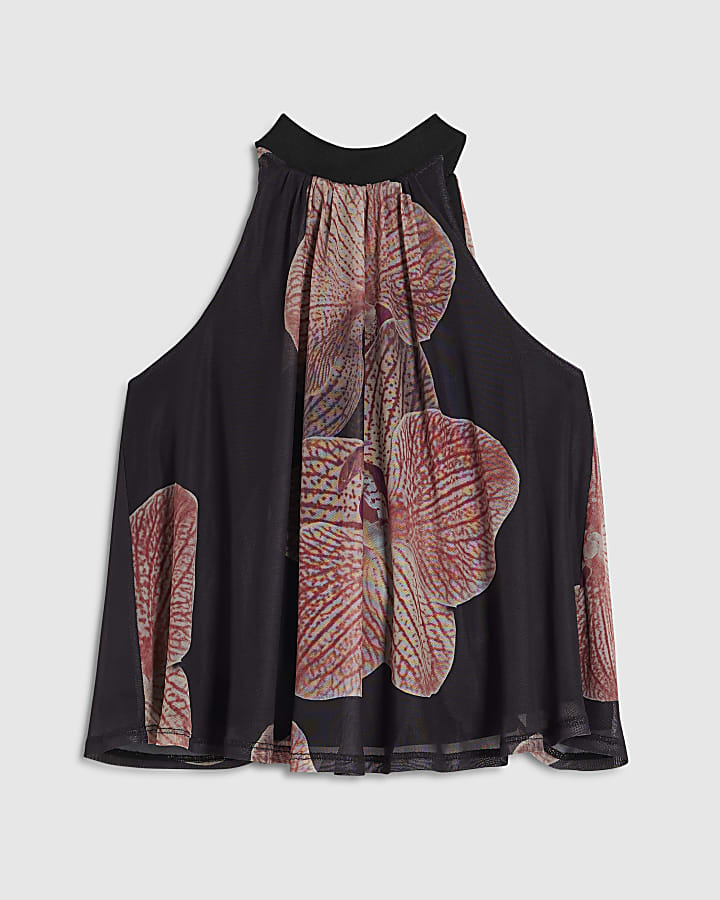 Black Halter Neck Floral Print Mesh Top