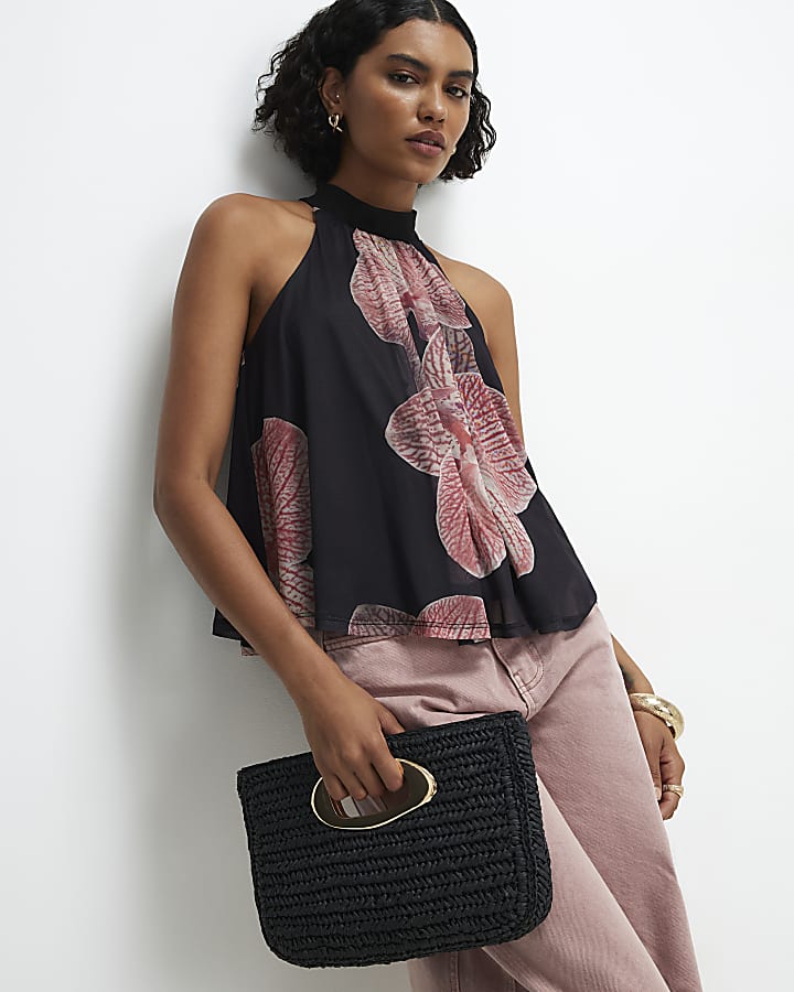 Black Halter Neck Floral Print Mesh Top