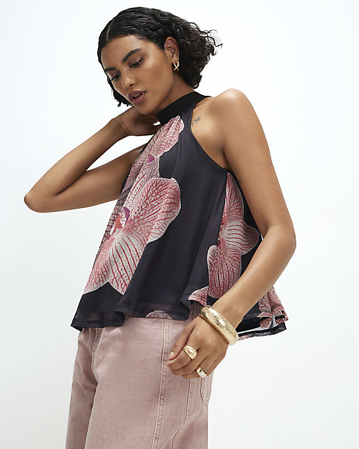 Black Halter Neck Floral Print Mesh Top