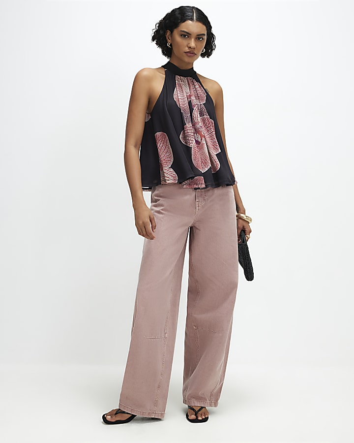 Black Halter Neck Floral Print Mesh Top