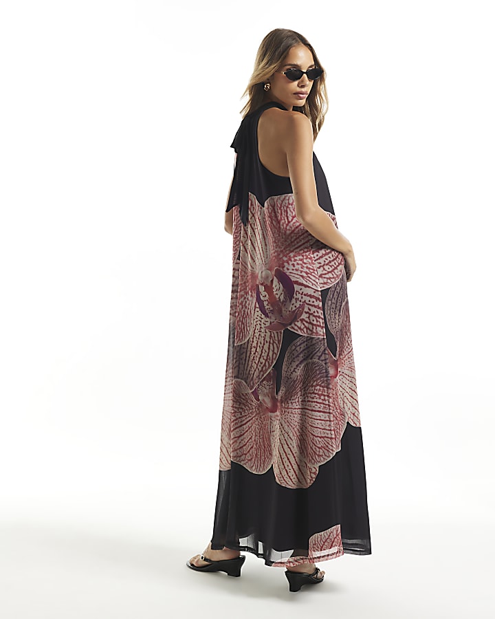 Black Halter Neck Floral Print Maxi Dress