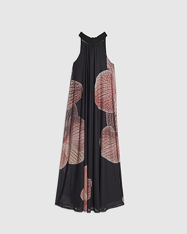 Black Halter Neck Floral Print Maxi Dress