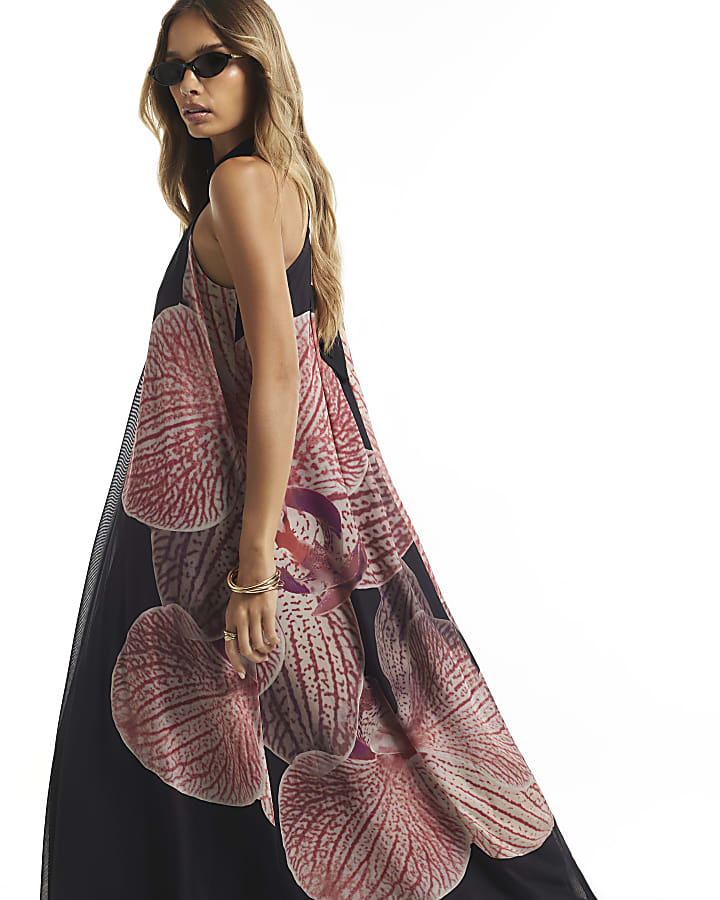 Black Halter Neck Floral Print Maxi Dress