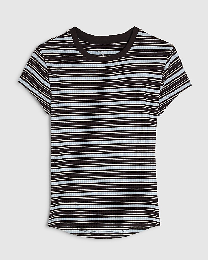 Brown Cotton blend Stripe Fitted Rib T-shirt