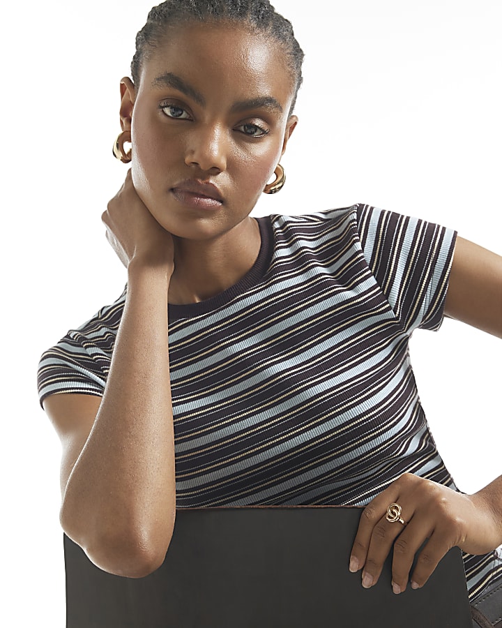 Brown Cotton blend Stripe Fitted Rib T-shirt