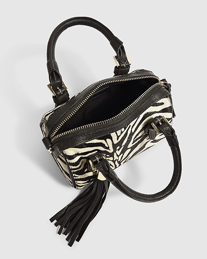 Black Animal Print Hair On Leather Bowler Bag