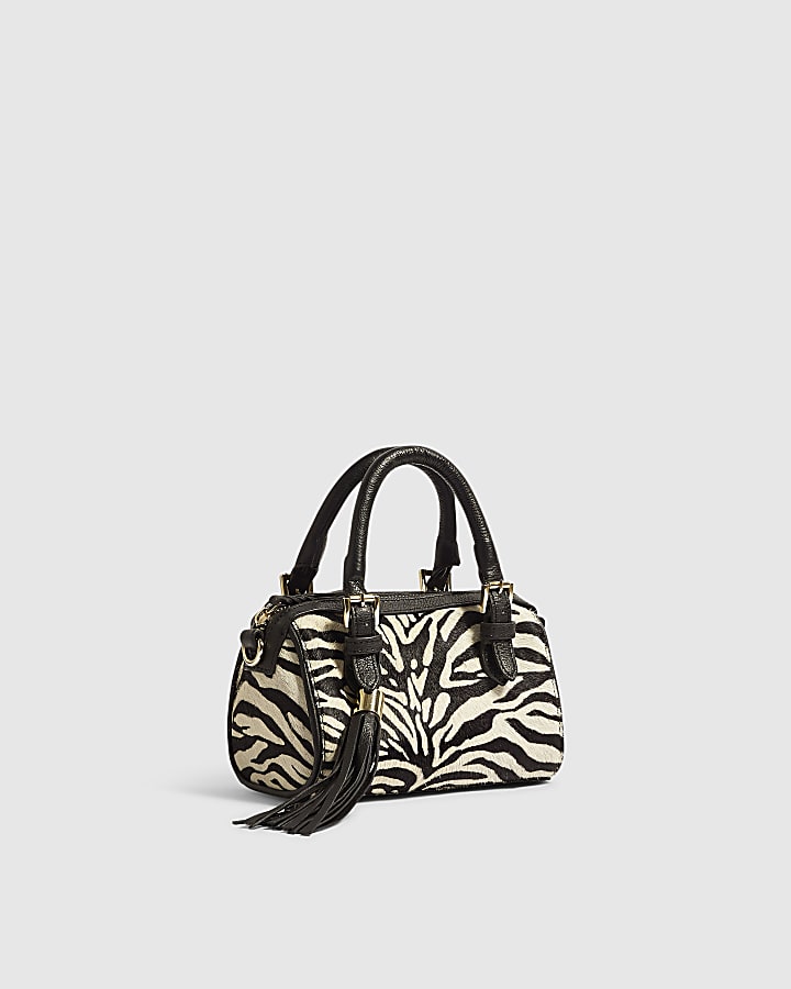Black Animal Print Hair On Leather Bowler Bag