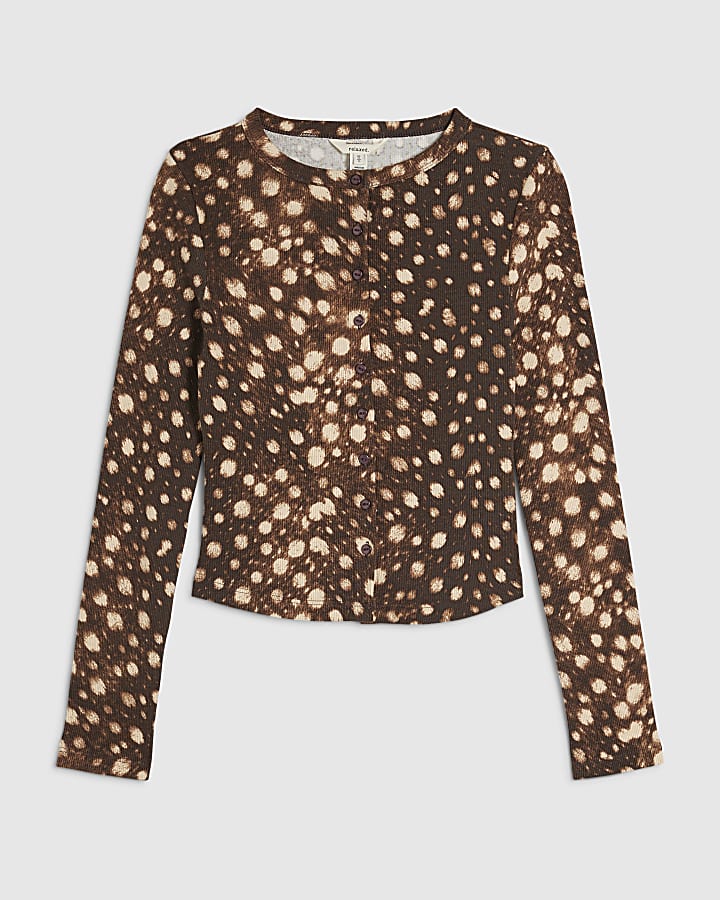 Brown Deer Print Rib Cardigan