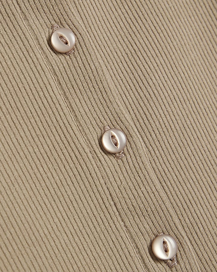 Beige Cotton Blend Ribbed Cardigan