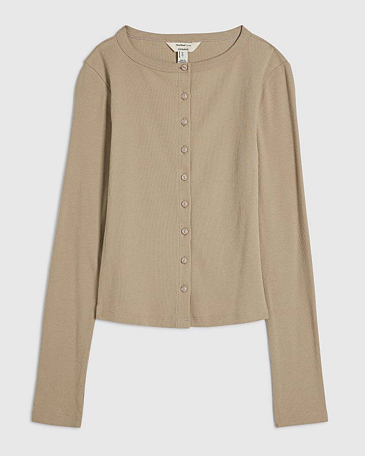 Beige Cotton Blend Ribbed Cardigan