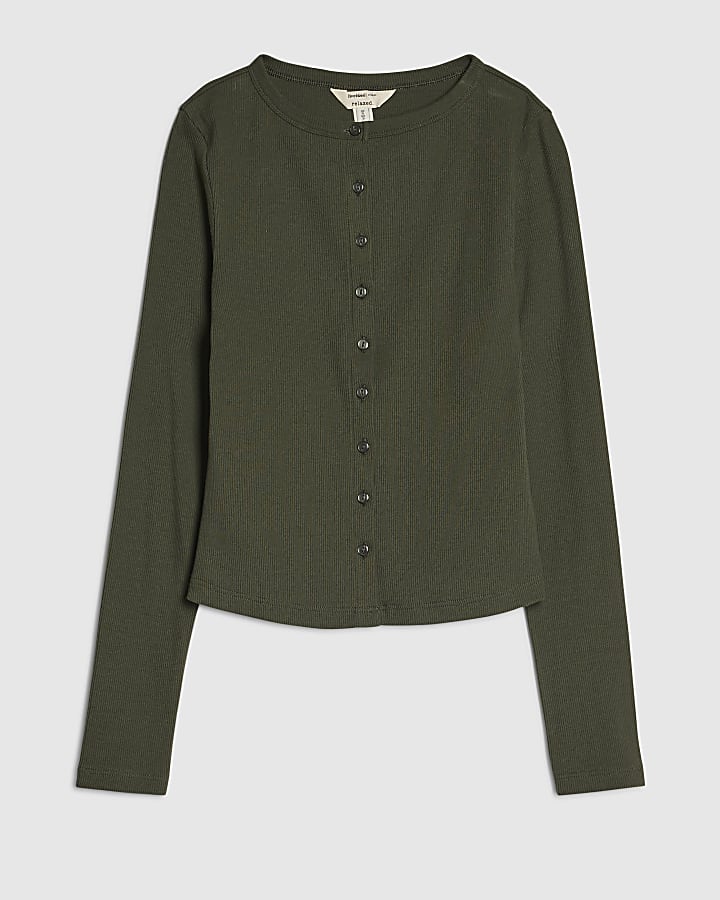 Khaki Cotton Blend Rib Cardigan