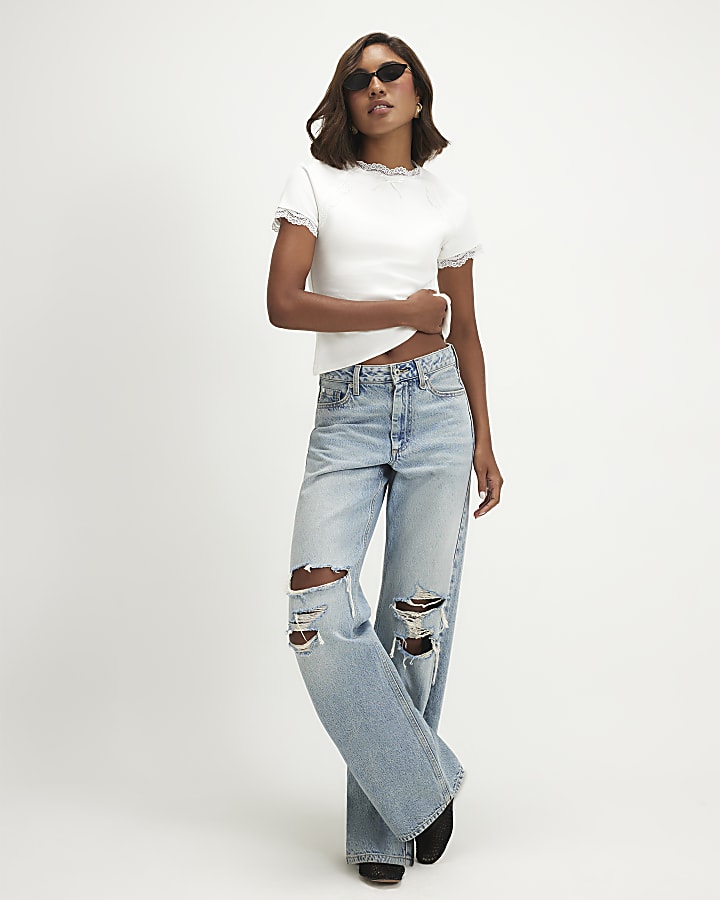 Cream Lace Trim Bow Detail Fitted T-Shirt