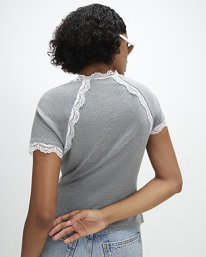 Grey Lace Trim Bow Detail Fitted T-Shirt