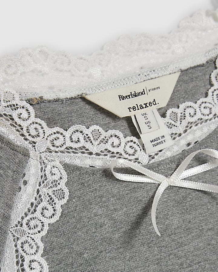Grey Lace Trim Bow Detail Fitted T-Shirt
