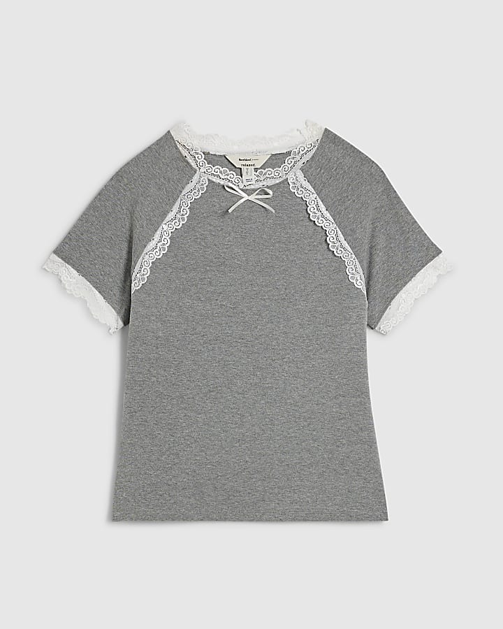 Grey Lace Trim Bow Detail Fitted T-Shirt