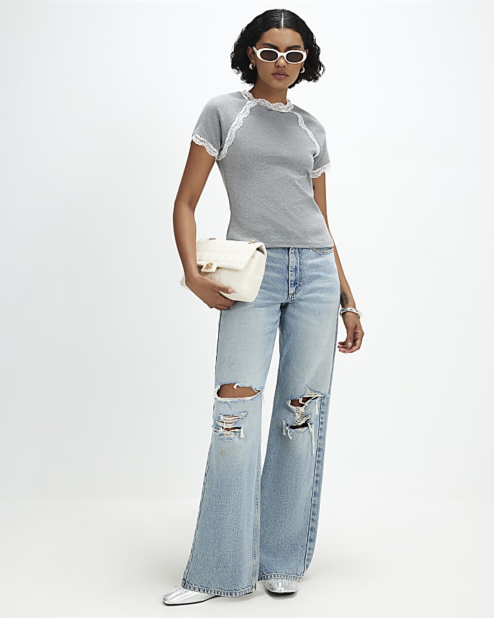 Grey Lace Trim Bow Detail Fitted T-Shirt