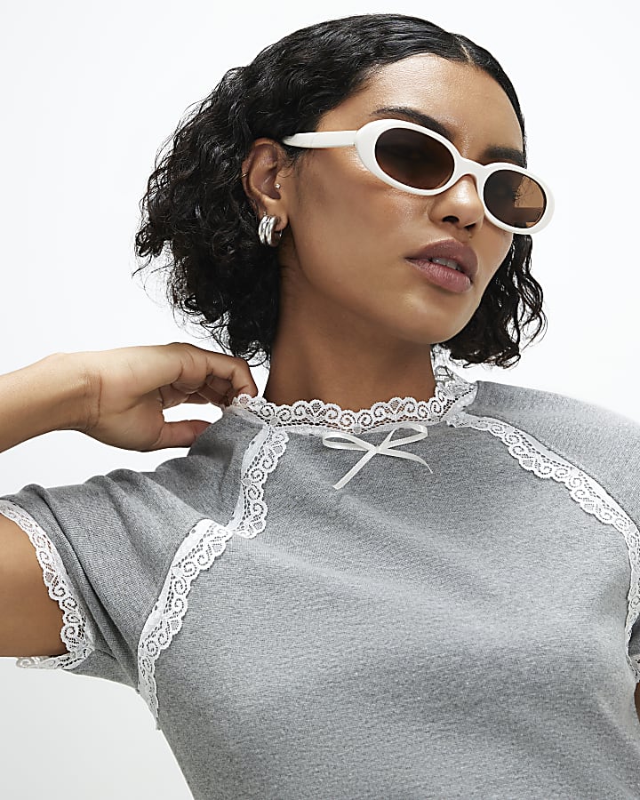 Grey Lace Trim Bow Detail Fitted T-Shirt