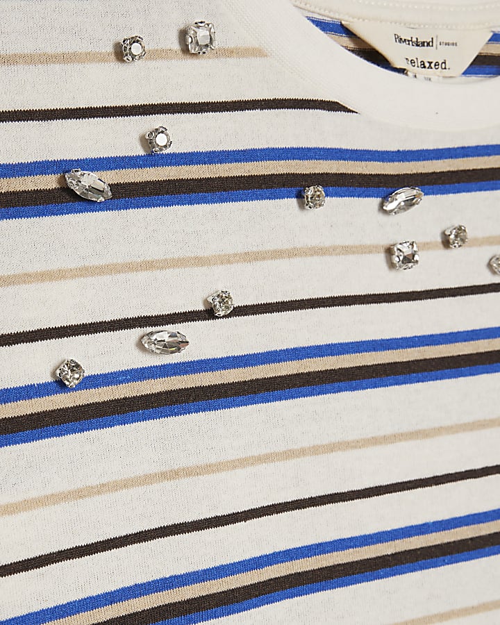 Cream Stripe Embellished T-Shirt