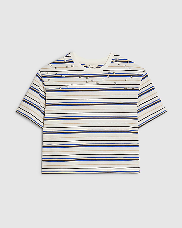 Cream Stripe Embellished T-Shirt