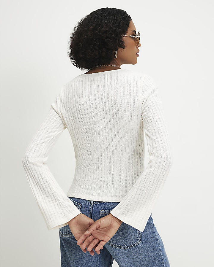 Cream 3D Flower Long Sleeve Top