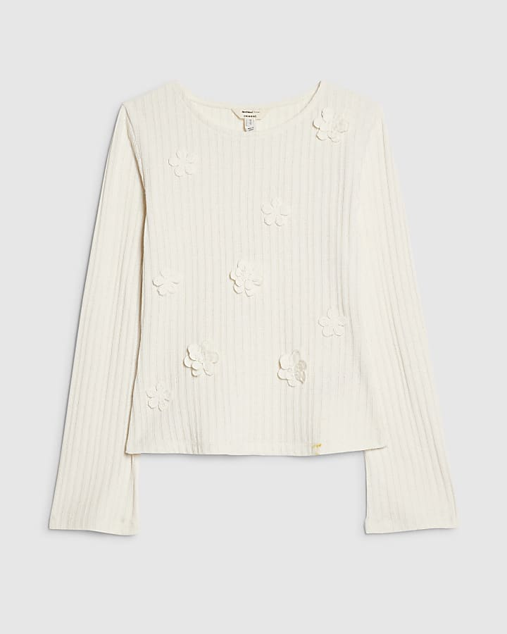Cream 3D Flower Long Sleeve Top