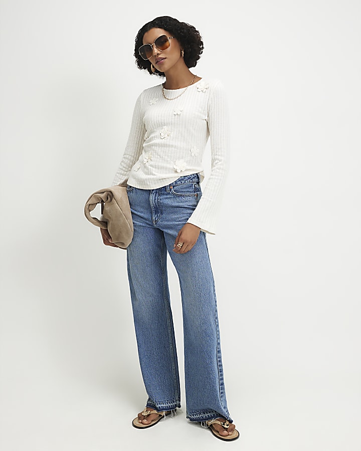 Cream 3D Flower Long Sleeve Top