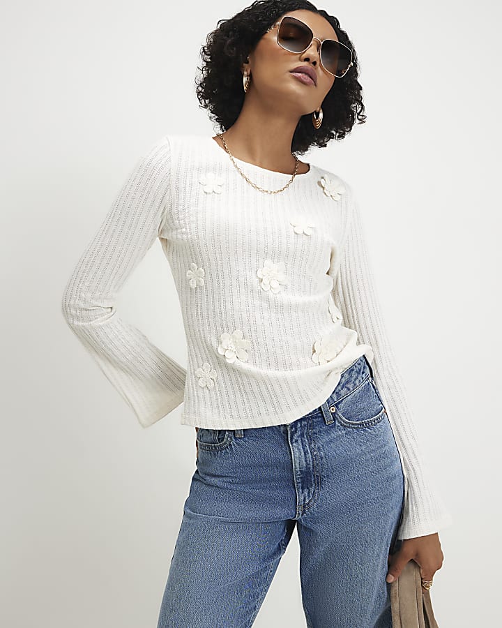 Cream 3D Flower Long Sleeve Top