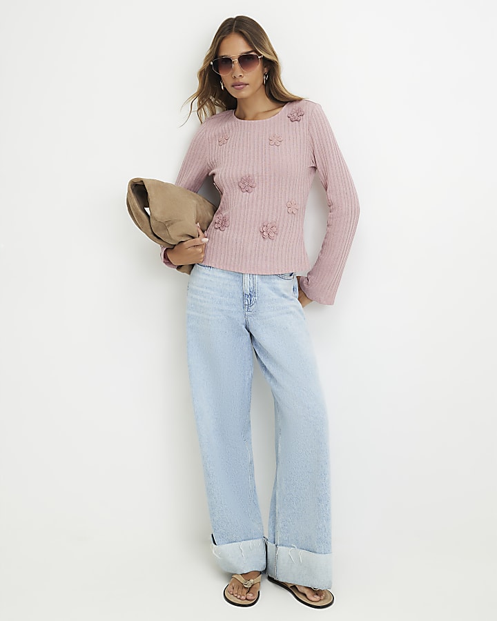 Pink Long Sleeve 3D Flower Top