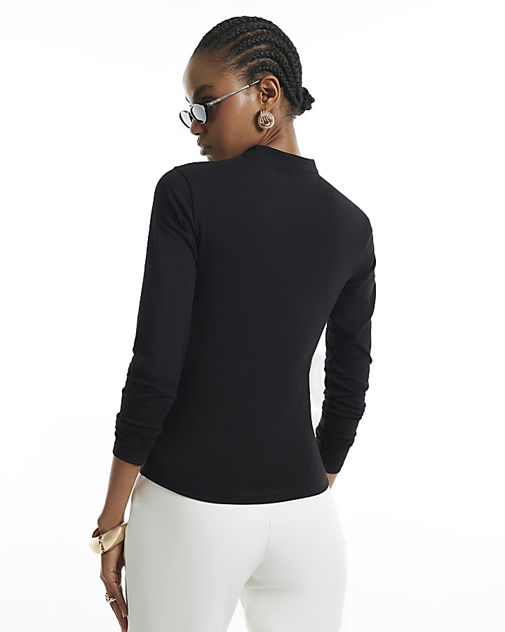 Black Cotton Blend Keyhole Collar Top