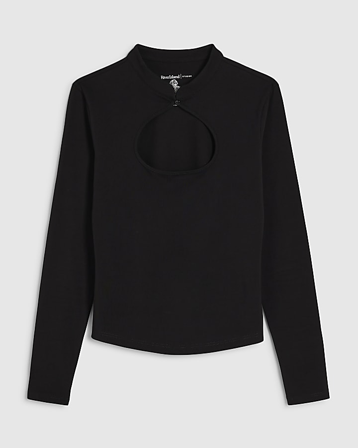 Black Cotton Blend Keyhole Collar Top