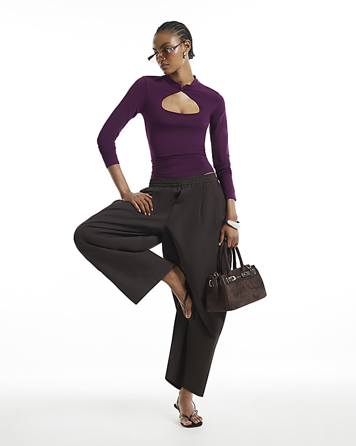 Burgundy Cutout Stand Up Collar Top