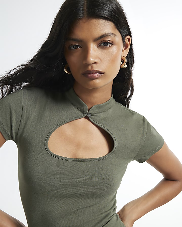 Khaki Cut Out Short Sleeves T-Shirt