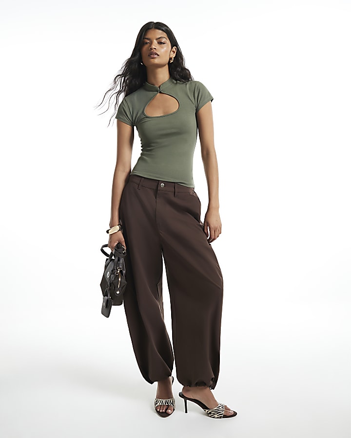 Khaki Cut Out Short Sleeves T-Shirt