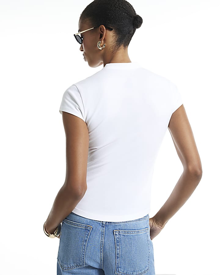 White Keyhole Stand Up Collar Cap Sleeve Top