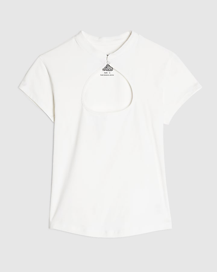 White Keyhole Stand Up Collar Cap Sleeve Top